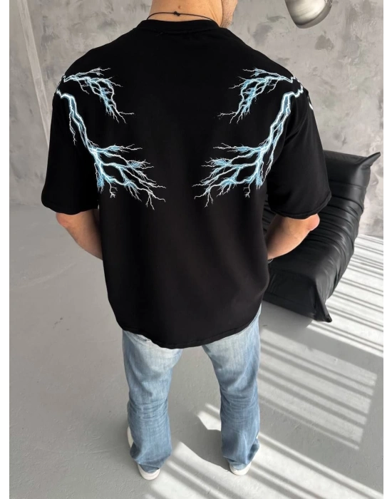 Bisiklet Yaka Baskılı Oversize T-Shirt - Siyah -