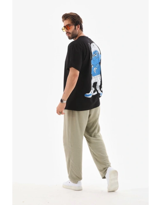 Bisiklet Yaka Baskılı Oversize T-Shirt - Siyah -