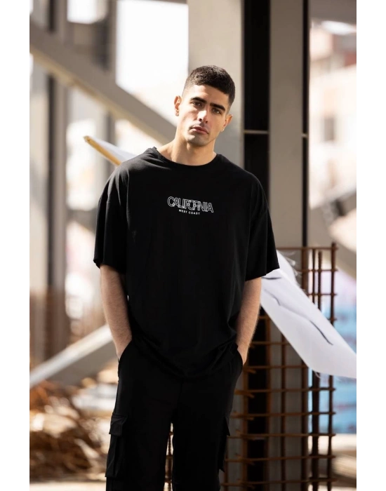 Bisiklet Yaka Baskılı Oversize T-Shirt - Siyah -