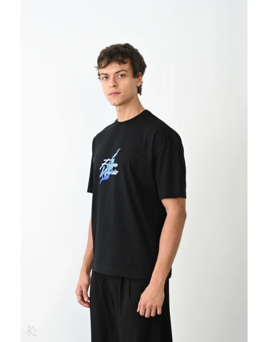 Bisiklet Yaka Baskılı Oversize T-Shirt - Siyah -