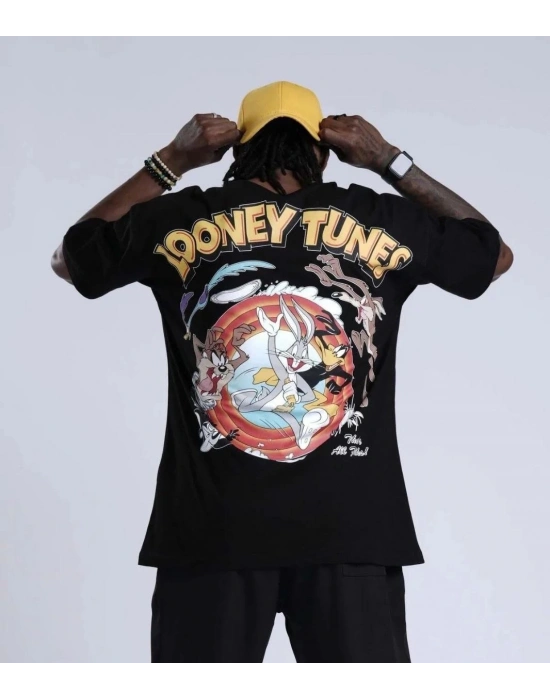 Bisiklet Yaka Baskılı Oversize T-Shirt - Siyah -