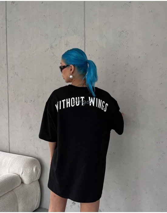 Bisiklet Yaka Baskılı Oversize T-Shirt - Siyah -