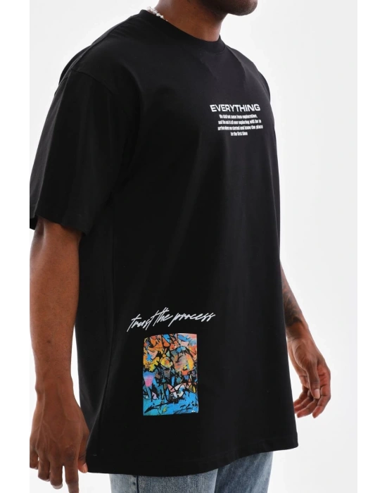 Bisiklet Yaka Baskılı Oversize T-Shirt - Siyah -