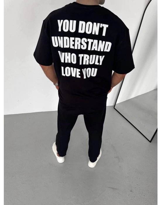 Bisiklet Yaka Baskılı Oversize T-Shirt - Siyah -