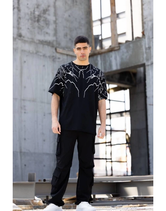 Bisiklet Yaka Baskılı Oversize T-Shirt - Siyah