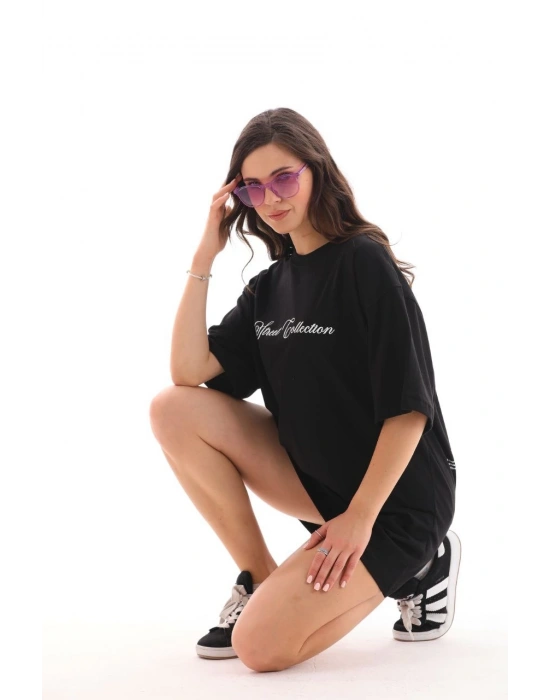 Bisiklet Yaka Baskılı Oversize T-Shirt - Siyah