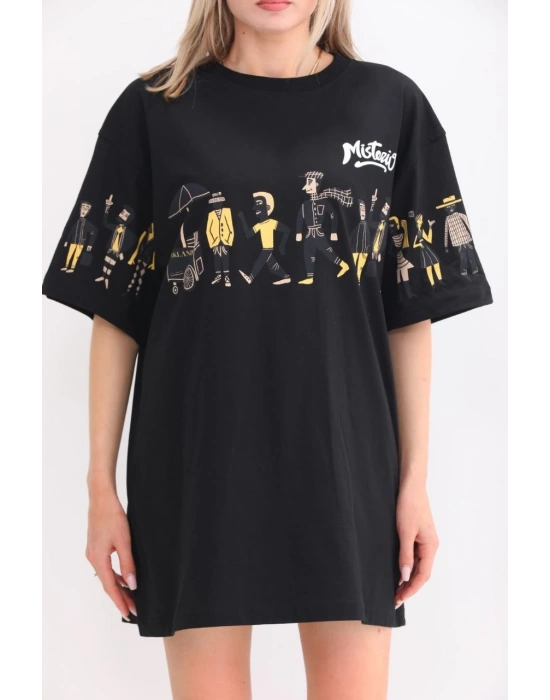 Bisiklet Yaka Baskılı Oversize T-Shirt - Siyah -