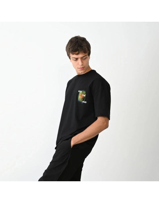 Bisiklet Yaka Baskılı Oversize T-Shirt - Siyah -