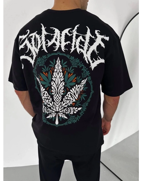 Bisiklet Yaka Baskılı Oversize T-Shirt - Siyah -