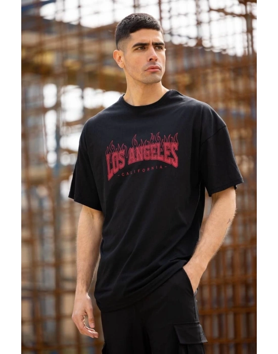 Bisiklet Yaka Baskılı Oversize T-Shirt - Siyah -