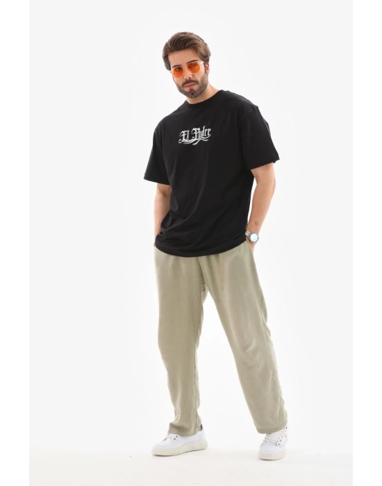 Bisiklet Yaka Baskılı Oversize T-Shirt - Siyah -