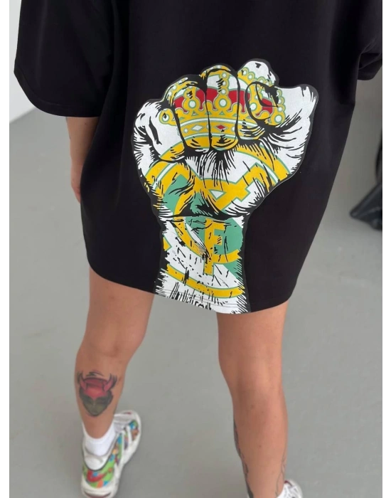 Bisiklet Yaka Baskılı Oversize T-Shirt - Siyah