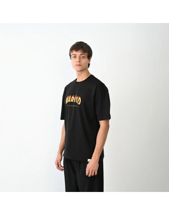 Bisiklet Yaka Baskılı Oversize T-Shirt - Siyah -