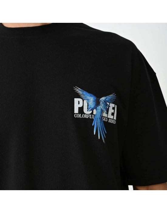 Bisiklet Yaka Baskılı Oversize T-Shirt - Siyah -