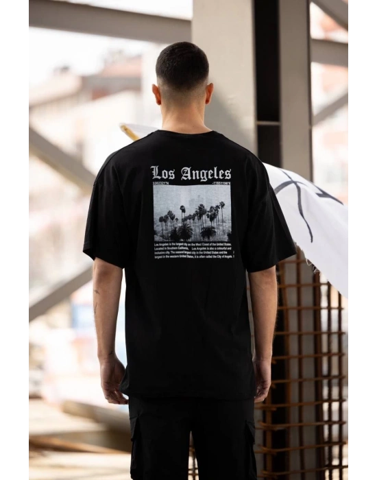 Bisiklet Yaka Baskılı Oversize T-Shirt - Siyah -