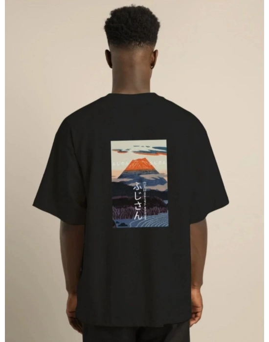 Bisiklet Yaka Baskılı Oversize T-Shirt - Siyah -