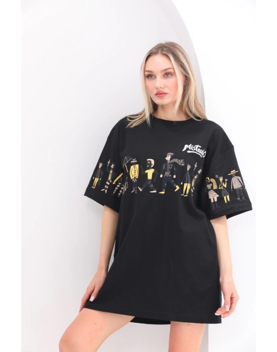 Bisiklet Yaka Baskılı Oversize T-Shirt - Siyah -