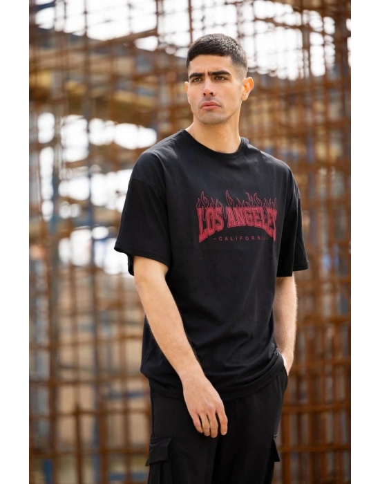 Bisiklet Yaka Baskılı Oversize T-Shirt - Siyah -