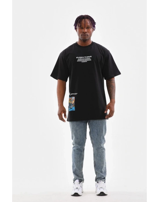 Bisiklet Yaka Baskılı Oversize T-Shirt - Siyah -
