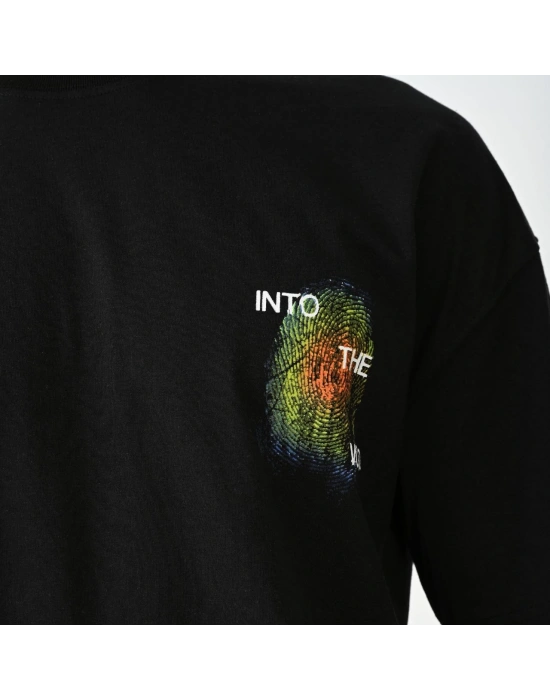 Bisiklet Yaka Baskılı Oversize T-Shirt - Siyah -