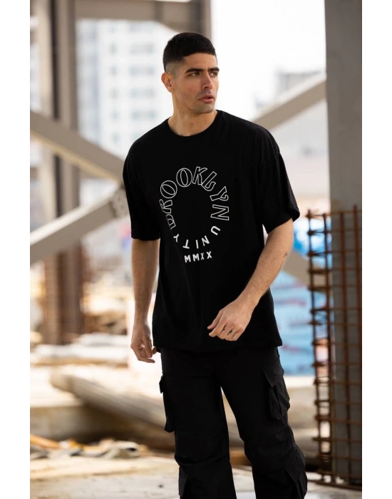 Bisiklet Yaka Baskılı Oversize T-Shirt - Siyah -