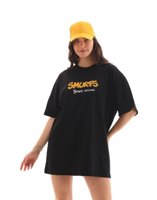 Bisiklet Yaka Baskılı Oversize T-Shirt - Siyah -