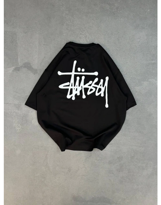 Bisiklet Yaka Baskılı Oversize T-Shirt - Siyah -