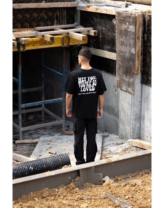 Bisiklet Yaka Baskılı Oversize T-Shirt - Siyah -