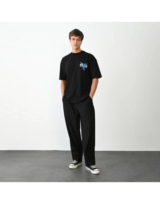 Bisiklet Yaka Baskılı Oversize T-Shirt - Siyah -