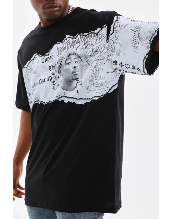 Bisiklet Yaka Baskılı Oversize T-Shirt - Siyah -