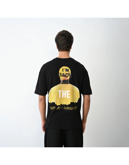 Bisiklet Yaka Baskılı Oversize T-Shirt - Siyah -