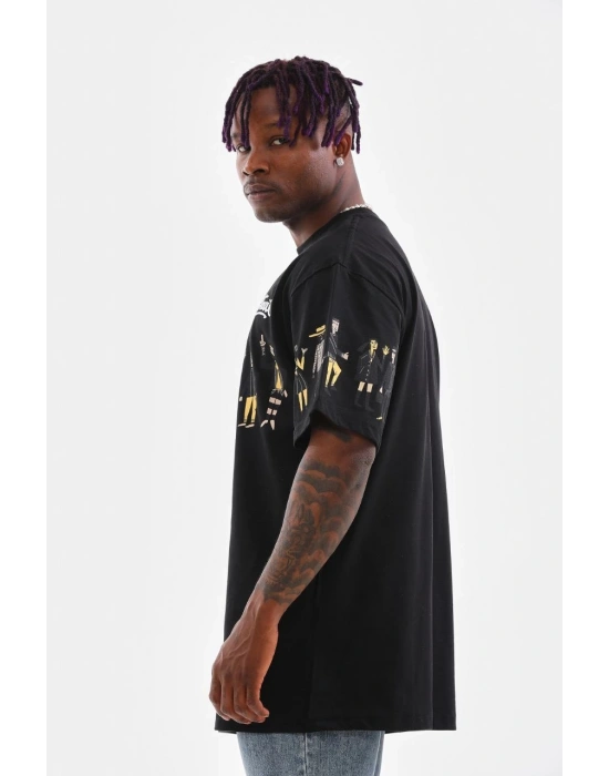Bisiklet Yaka Baskılı Oversize T-Shirt - Siyah -