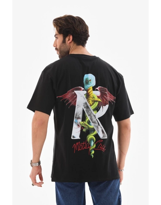 Bisiklet Yaka Baskılı Oversize T-Shirt - Siyah -