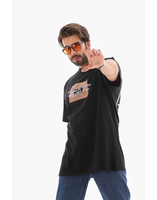 Bisiklet Yaka Baskılı Oversize T-Shirt - Siyah -