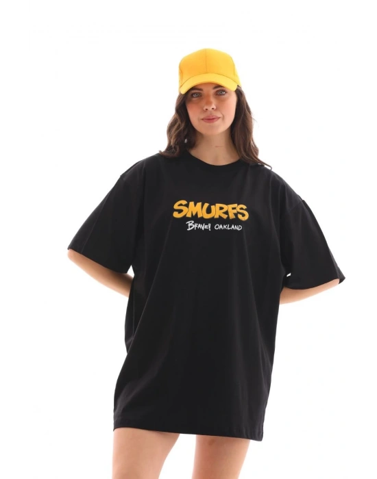 Bisiklet Yaka Baskılı Oversize T-Shirt - Siyah -