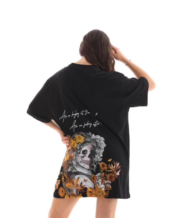 Bisiklet Yaka Baskılı Oversize T-Shirt - Siyah