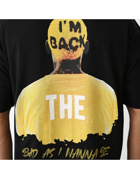 Bisiklet Yaka Baskılı Oversize T-Shirt - Siyah -