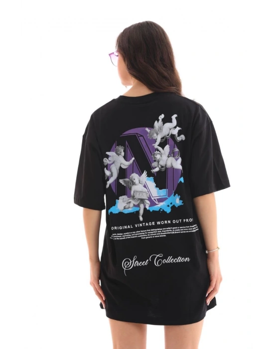 Bisiklet Yaka Baskılı Oversize T-Shirt - Siyah