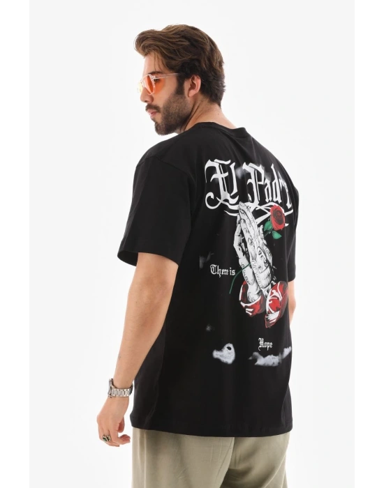 Bisiklet Yaka Baskılı Oversize T-Shirt - Siyah -