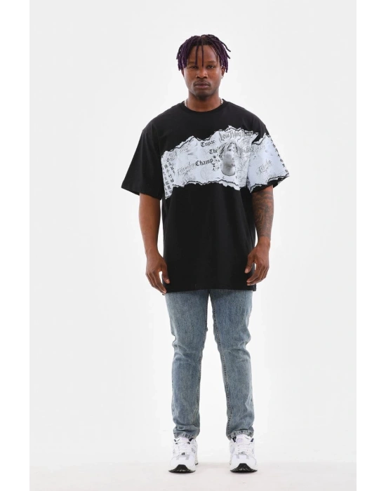 Bisiklet Yaka Baskılı Oversize T-Shirt - Siyah -