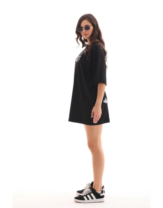 Bisiklet Yaka Baskılı Oversize T-Shirt - Siyah -