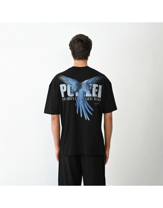 Bisiklet Yaka Baskılı Oversize T-Shirt - Siyah -