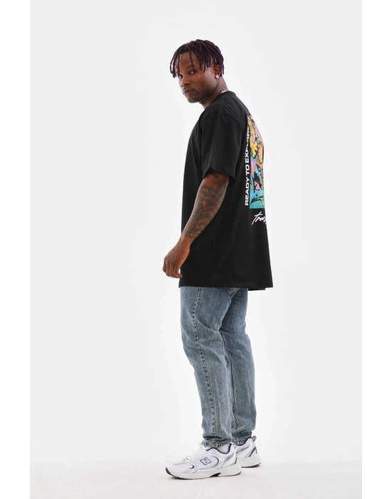 Bisiklet Yaka Baskılı Oversize T-Shirt - Siyah -