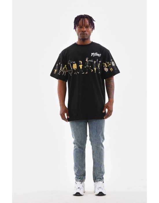 Bisiklet Yaka Baskılı Oversize T-Shirt - Siyah -