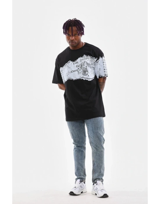 Bisiklet Yaka Baskılı Oversize T-Shirt - Siyah -