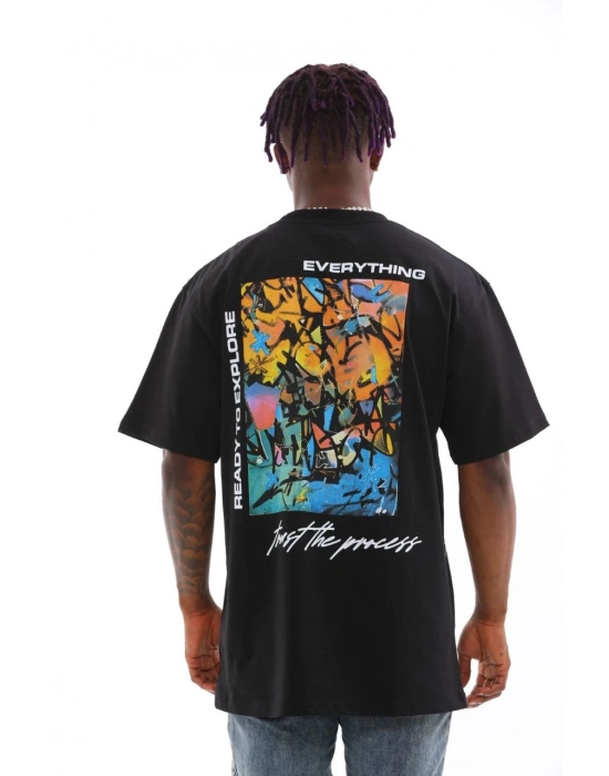 Bisiklet Yaka Baskılı Oversize T-Shirt - Siyah -