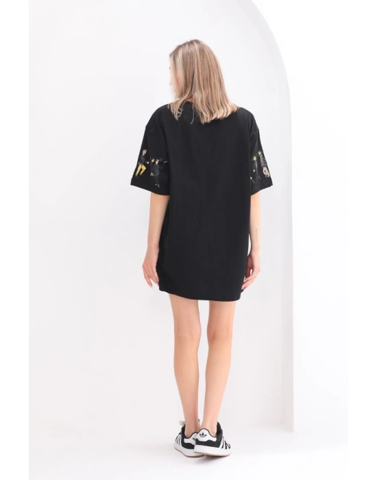 Bisiklet Yaka Baskılı Oversize T-Shirt - Siyah -