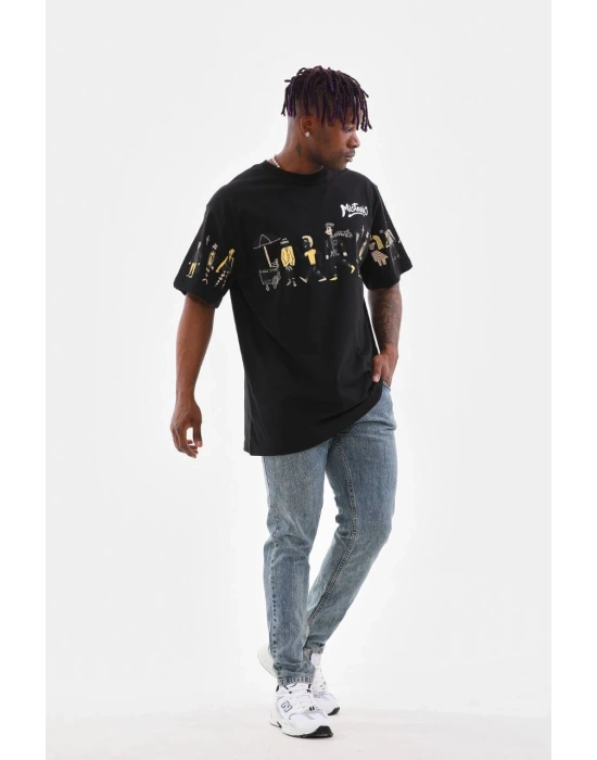 Bisiklet Yaka Baskılı Oversize T-Shirt - Siyah -