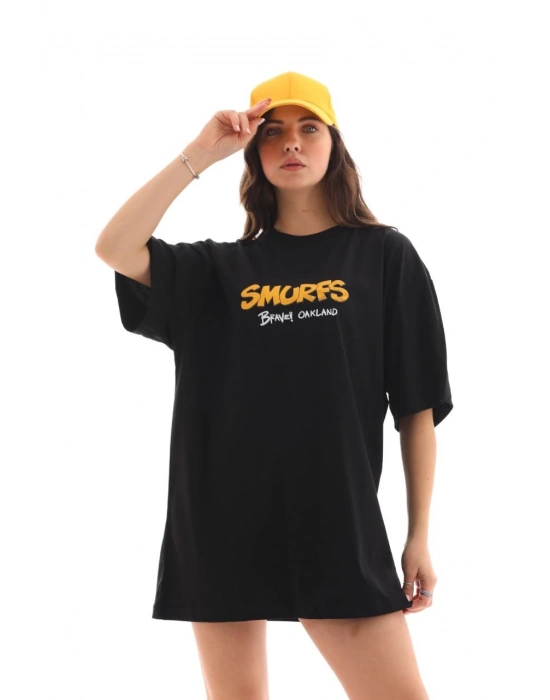 Bisiklet Yaka Baskılı Oversize T-Shirt - Siyah -