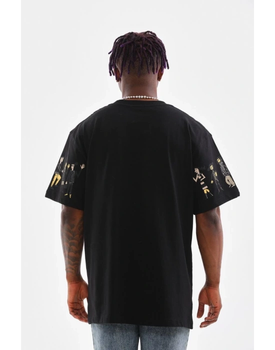 Bisiklet Yaka Baskılı Oversize T-Shirt - Siyah -